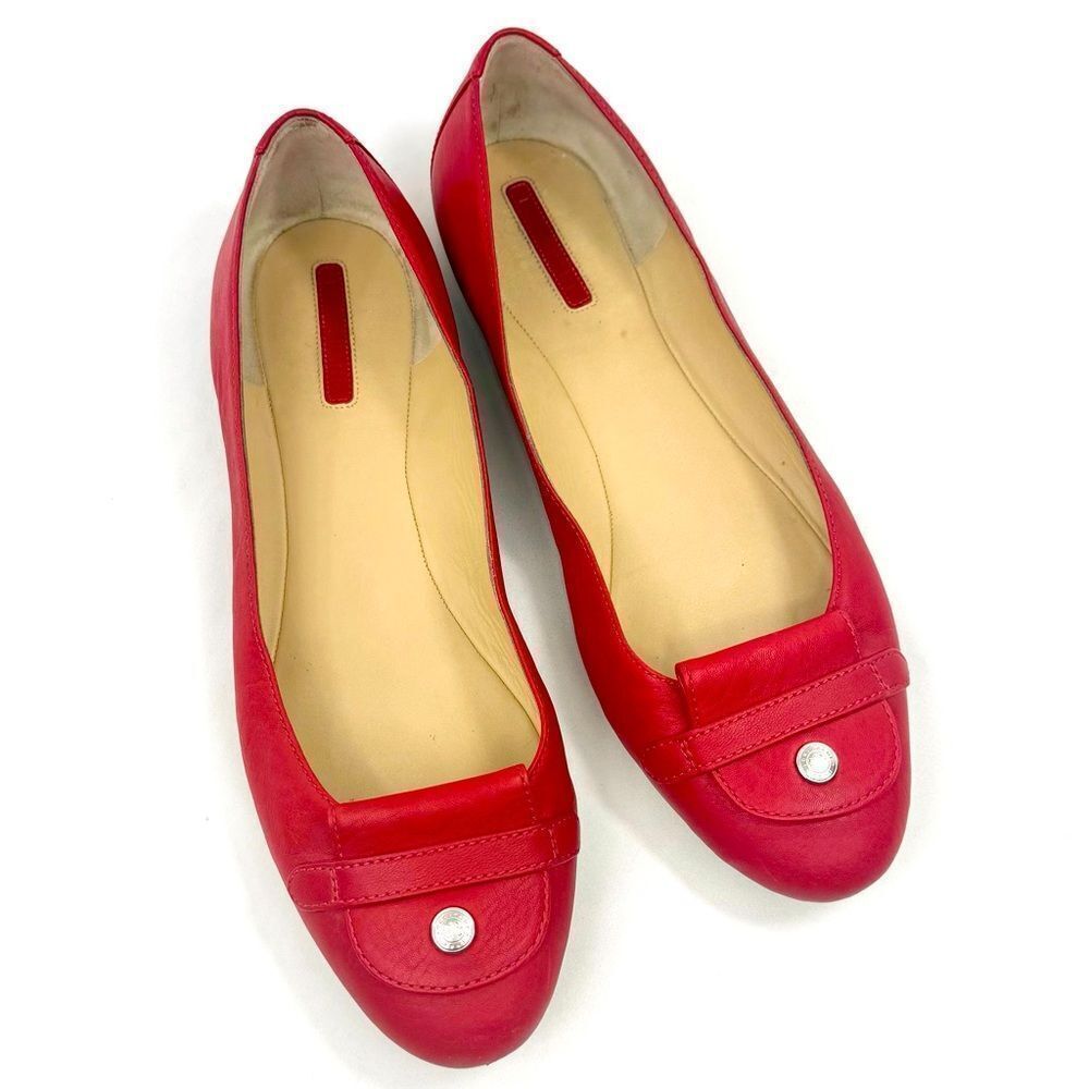 Longchamp Red Leather Logo Snap Toe Italian Made Slip On Classic Ballet Flats
